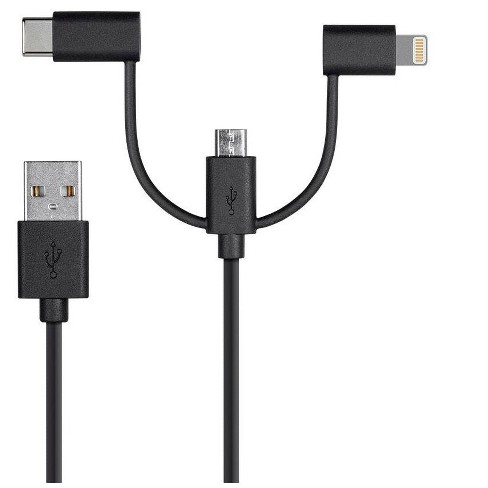 Câble micro USB 3 en 1 avec adaptateur USB Type-C et Lightning, 1