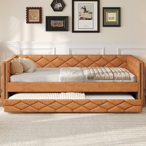 GDFStudio Geoffrey Modern Full XL Size Faux Leather Upholstered Daybed with Trundle and LED - 1 of 4