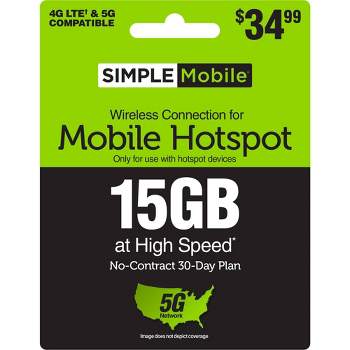SIMPLE MOBILE Mobile Hotspot 15GB Data 30 Day Plan (EMAIL DELIVERY)- $34.99
