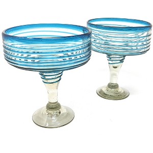 Dos Sueños Mexican Hand Blown Margarita Glasses - Aqua Spiral - 16oz - Set of 2 - 1 of 4