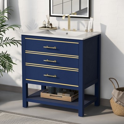 Whisen 30" Bathroom Storage Cabinet Bathroom Vanity with Ceramic Sink, Open Shelf and Two Drawers