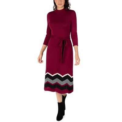 Sandra Darren - 3/4 Sleeve Mock Neck Fit & Flare belted Sweater Dress