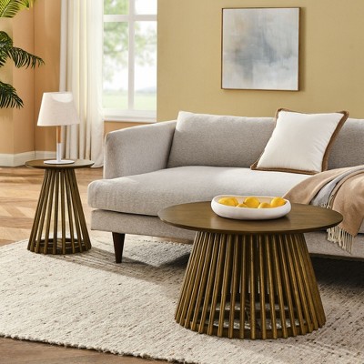 NicBex Mid-Century Round Coffee Table, Solid Wood Slatted Side Table for Living Room Small Space, Modern Design