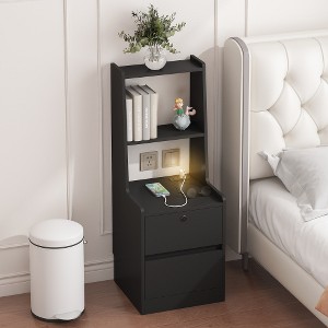 LIVAREEmlen Nightstand with Charging Station, Modern Night Stand with Bookshelf, Bedside Tables with Storage Cabinet for Bedroom - 1 of 4