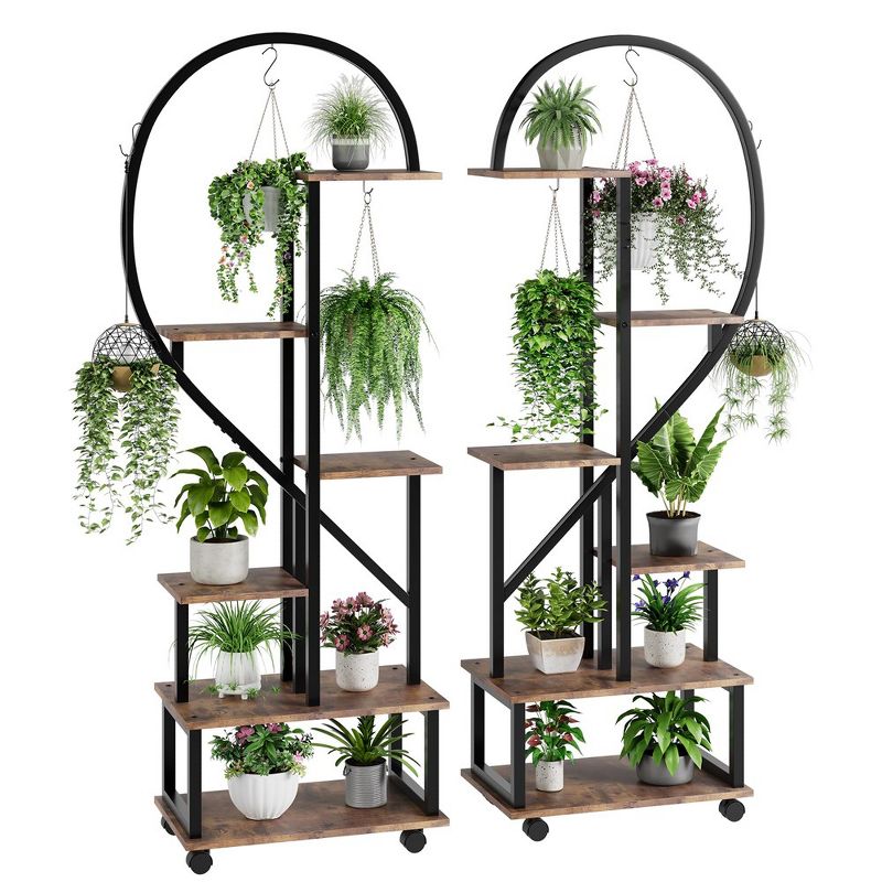 Set of 2 Metal 6-Tier Tall Plant Stands with Detachable Wheels and Drawers, Half Heart Shape Design for Indoor/Outdoor Home, Garden, Patio, Balcony, 4 of 8
