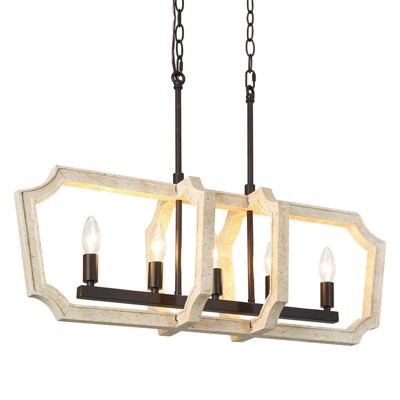 LNC Creamy 5-Lights 30" Shabby Chic Rectangle Kitchen Island Pendant  Lights, Off-White Wood and Distressed Black