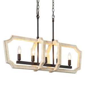 LNC Creamy 5-Lights 30" Shabby Chic Rectangle Kitchen Island Pendant  Lights, Off-White Wood and Distressed Black - 1 of 4