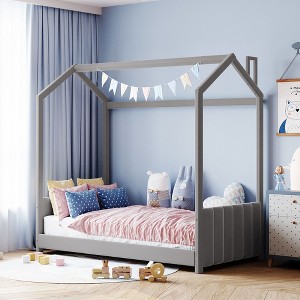 Twin Size Velvet House Bed Wood Bed Gray - 1 of 4