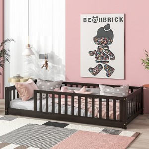 Grungis Twin Size Floor Bed for Kids,Modern Wood Toddler Bed with Heightened Safety Guardrails,Montessori Bed for Bedroom - 1 of 4