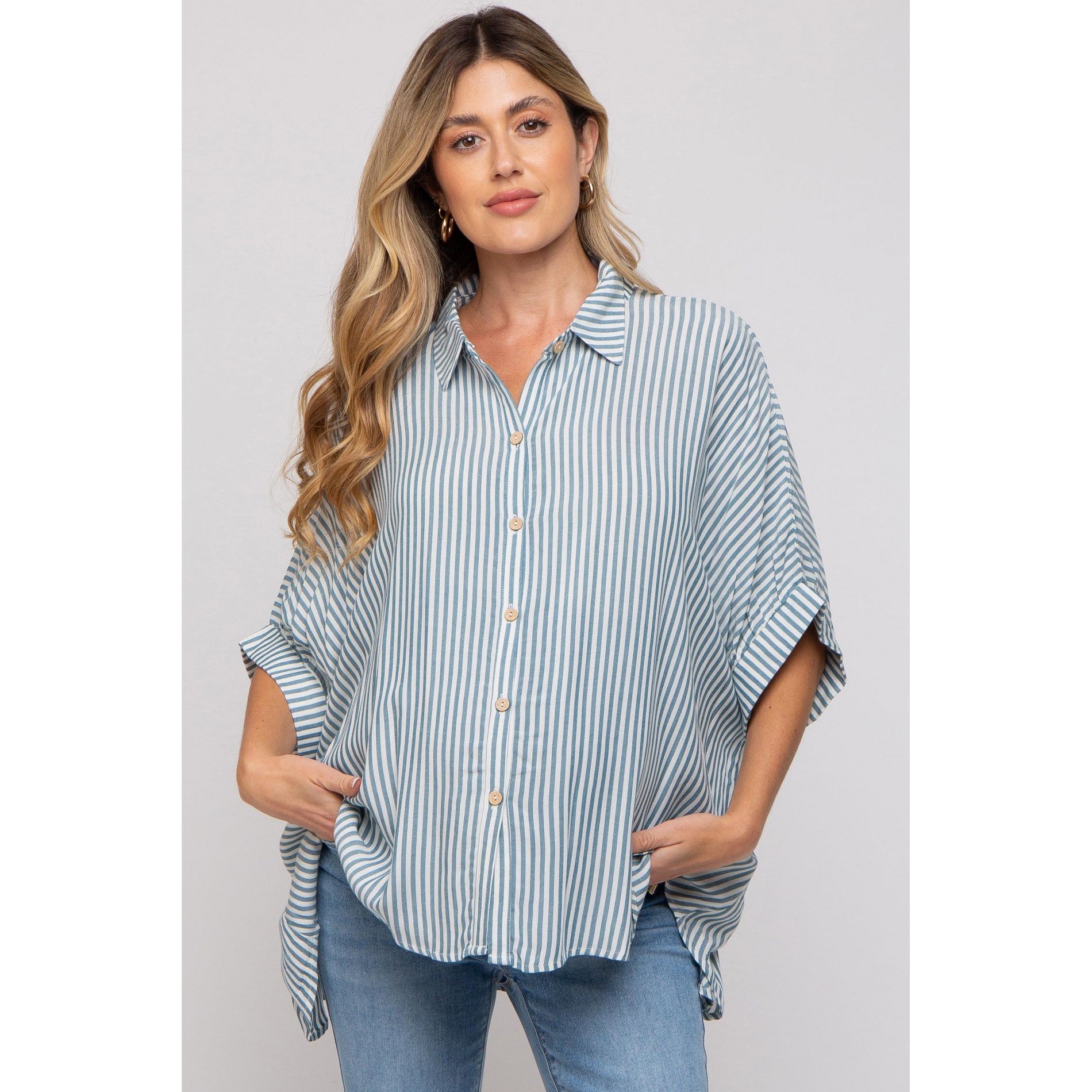 PinkBlush Teal Striped Button Up Dolman Maternity Top