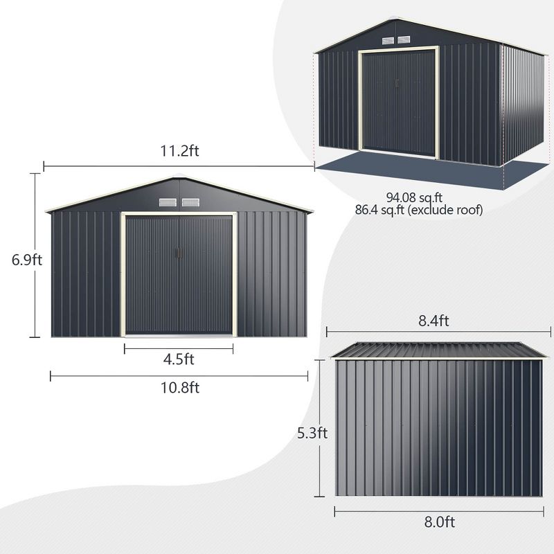 Costway Metal Storage Shed for Garden and Tools w/Sliding Double Lockable Doors, 3 of 10