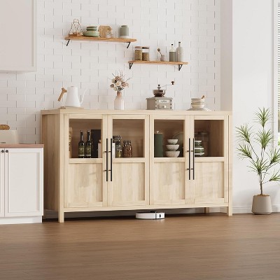 Homhougo Sideboard Buffet Cabinet with 4 Glass Doors, 55" Large Buffet Cabinet with Storage, Modern Farmhouse Storage Cabinet Table