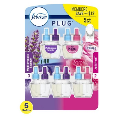 Febreze Odor-Fighting Fade Defy PLUG Air Freshener Refills, 3 Mediterranean Lavender and 2 Downy April Fresh, 5 26 mL Oil Refills