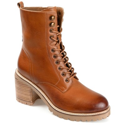 Journee Signature Womens Genuine Leather Malle Round Toe Stacked Combat Booties
