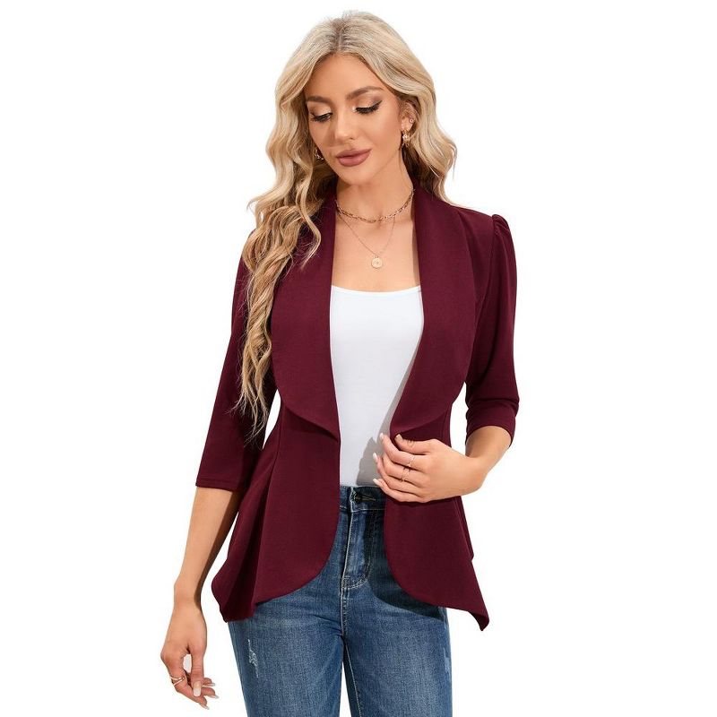 Womens Casual Blazer 3/4 Puff Sleeve Open Front Ruffle Work Office Cardigan Suit Jacket, 1 of 7