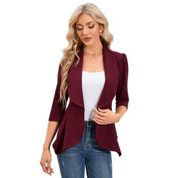 Womens Casual Blazer 3/4 Puff Sleeve Open Front Ruffle Work Office Cardigan Suit Jacket
