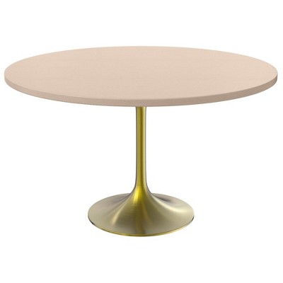 LeisureMod Verve Mid-Century Modern 48" Round Dining Table with MDF Top and Brushed Gold Pedestal Base for Dining Room and Kitchen