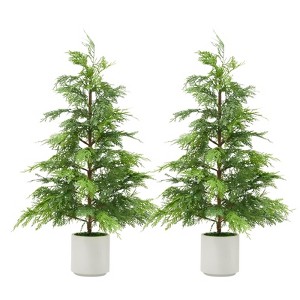 Compact Artificial Cedar Topiary Trees ¨C 2 Pack Faux Evergreen in White Pots ¨C UV Resistant Decorative Potted Pine - 1 of 4