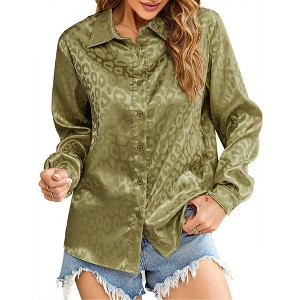Leopard Stain Button Down Shirts for Women Roll Up Long Sleeve V Neck Casual Work Shirts - 1 of 4