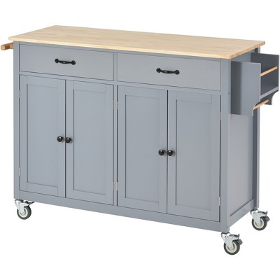 OUTSUPPLY Kitchen Island Cart with Locking Wheels, 4 Door Cabinet and Two Drawers, Spice Rack, Towel Rack