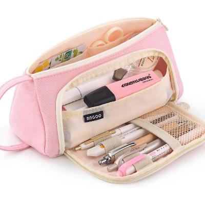 Fmeida Large Capacity Pencil Case Pouch School Supplies, Aesthetic Stationery Pen Case Bag for Girls Women-Khaki