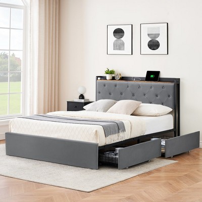 Trinity Bed Frame With 4 Storage Drawers And Charging Station,upholstered  Bed Frame With Storage Headboard, Gray : Target