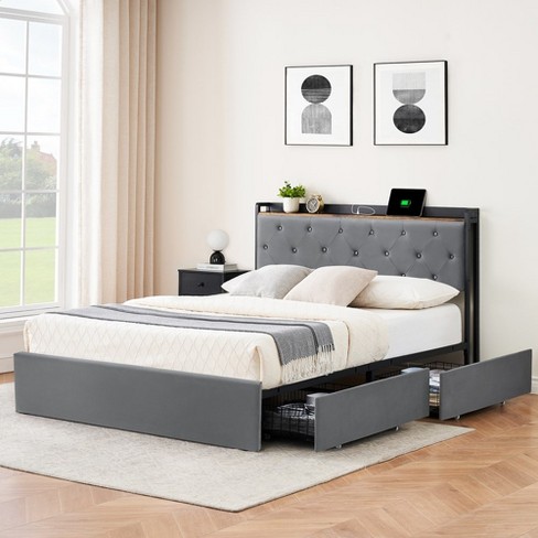 Whizmax Bed Frame With 4 Storage Drawers And Charging Station upholstered Bed Frame With Storage Headboard Gray Target