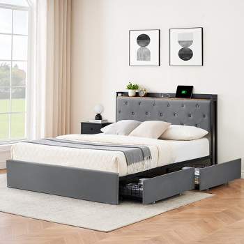 Whizmax Bed Frame with 4 Storage Drawers and Charging Station,Upholstered Bed Frame with Storage Headboard, Gray