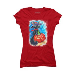 Junior's Design By Humans halloween. the witch cat By POLINART T-Shirt - 1 of 3