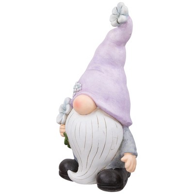18" Ceramic Gnome with Purple Hat and Flowers