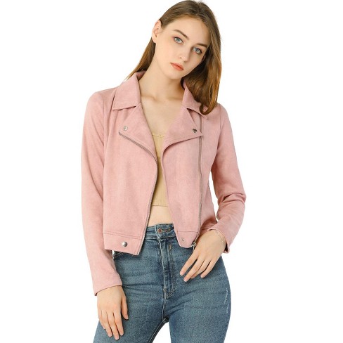 Unique Bargains Women's Faux Suede Stand Collar Zip Up Long Sleeve Moto  Jacket L Pink