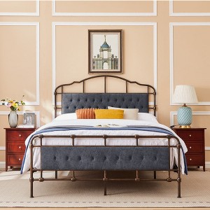 Metal Queen Size Bed Frame With Upholstered Headboard And Footboard, Heavy Duty Metal Slats Supports, No Noise, No Box Spring Needed, Easy Assembly - 1 of 4