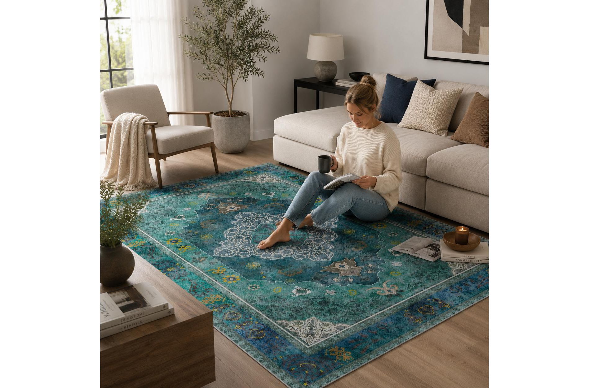 LOVEVOOK Traditional Vintage Floral Print Area Rug, Non-Slip Washable Foldable Antique Flower Carpet for Living Room Bedroom Dining Room, Home Decor