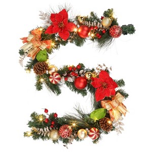 6FT Christmas Garland with Lights,Artificial Rattan with Red Gold Decorations,Garland for Home Indoor Fireplace Mantle Outdoor Decor,Battery Operated - 1 of 4