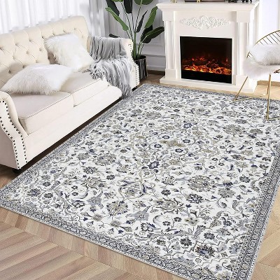 Acekool 10x13 Vintage Medallion Washable Area Rug, Extra Large Non-Slip Distressed Floral Carpet, Stain Resistant for Living Room, Bedroom, Grey