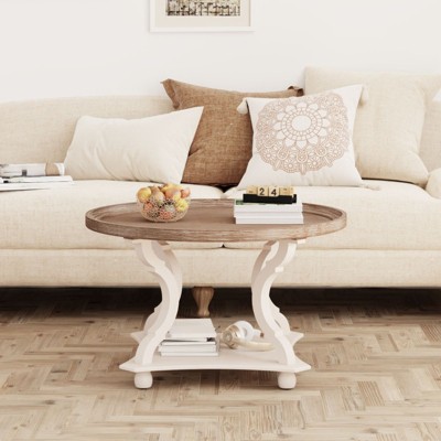 JIONJOY Farmhouse Style Tray Top Accent Table - Handcrafted White & Natural Wood Side Table for Living Room, Bedroom or Entryway