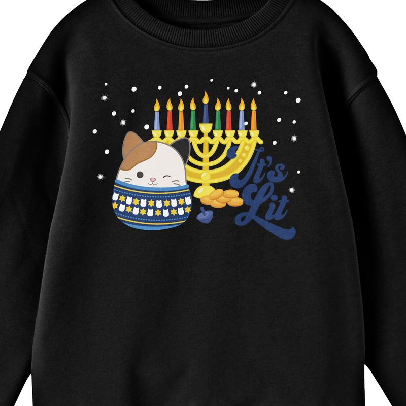 Squishmallows Cameron the Cat Hanukkah "It's Lit" Youth Black Long Sleeve Tee, 2 of 3