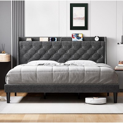 Costway Queen Bed Frame With Wingback Headboard Linen Upholstered ...