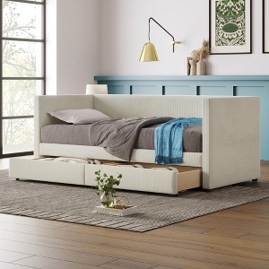 TIRAMISUBEST Twin Size Corduroy Daybed with 2 Storage Drawers, Upholstered Daybed Frame Sofa Bed with Wood Slats Support - 1 of 4