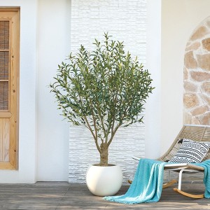 DR.Planzen 7FT Artificial Olive Tree with Thick Stump - UV Resistant Faux Plant for Indoor/Outdoor, Black Pot & Realistic Green Leaves - 1 of 4