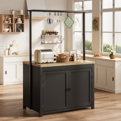42" Kitchen Island with Storage, Multi-Functional Island Table with 2-Tier Shelves, Kitchen Counter with 5 Hooks, Black & Natural