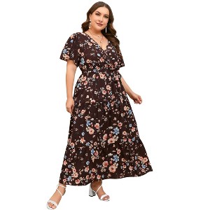 BLUEMING Summer Maxi Dress for Plus Size Women Tie Wasit Surplice Dress Flutter Sleeve A-Line Dress - 1 of 4