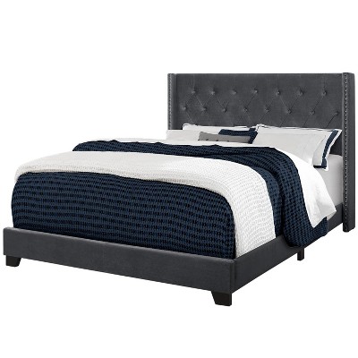 Monarch Specialties Bed Queen Size Platform Bedroom Frame Upholstered Velvet Wood Legs Grey Chrome Transitional