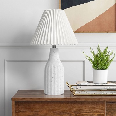 Maxax Ceramic Table Lamp,22.3" Minimalist Cream Base Nightstand Lamp with White Pleated Shade for Living Room, Bedroom