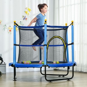 HFYee 4.6FT Trampoline Indoor 55" Toddler Trampoline for Kids 3-10 Years with Safety Enclosure Net and Ball Pit, Indoor Outdoor, Blue - 1 of 4