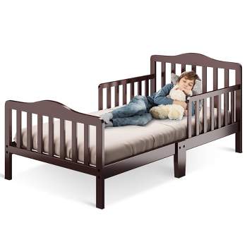 Costway Kids Toddler Wood Bed Bedroom Furniture w/ Guardrails Black/Brown/Grey/White
