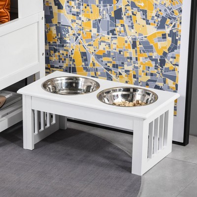 White Elevated Dog Feeding Station with Stainless Steel Bowls