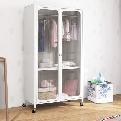 White Metal and Plastic Kids Wardrobe with Adjustable Shelves and Hanging Rod
