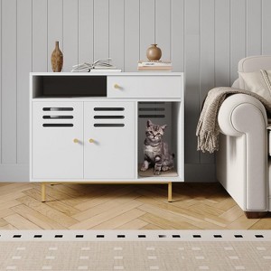 Nasitip 31.5" Hidden Cat Litter Box Furniture with Storage, Double Door Cabinet & Scratching Pad, White - 1 of 4