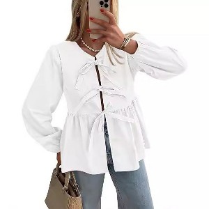 Coolmee Women‘s Tie Front Tops Summer Beach Vacation Fashion Outfits Loose Fit Blouses Flowy Pleated Hem Long Lantern Sleeve Clothes 2XL White - 1 of 4